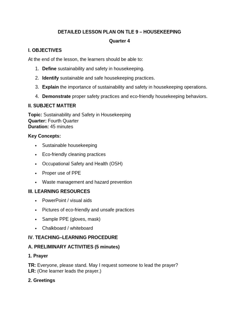 Housekeeping Safety and Sustainability Lesson | PDF | Housekeeping ...