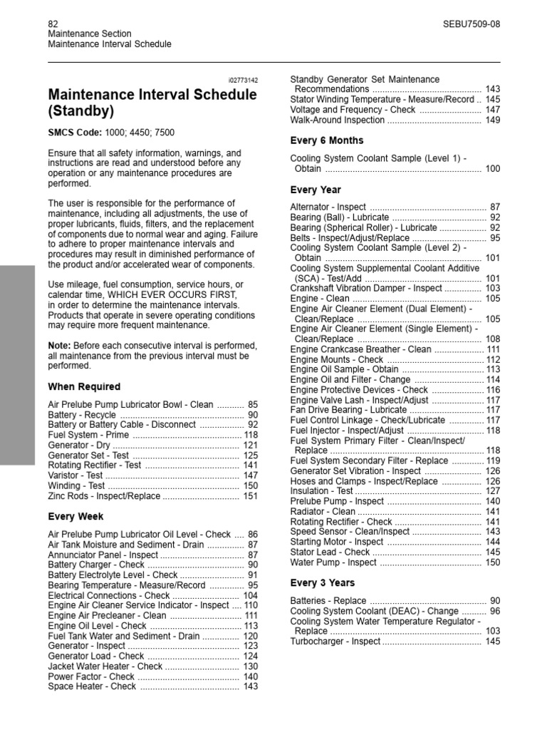 Standby Generator Maintenance Schedule | PDF | Bearing (Mechanical ...