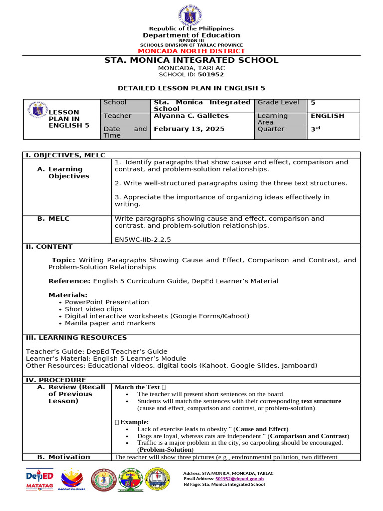 English 5 Lesson Plan: Paragraph Structures | PDF | Learning | Cognition