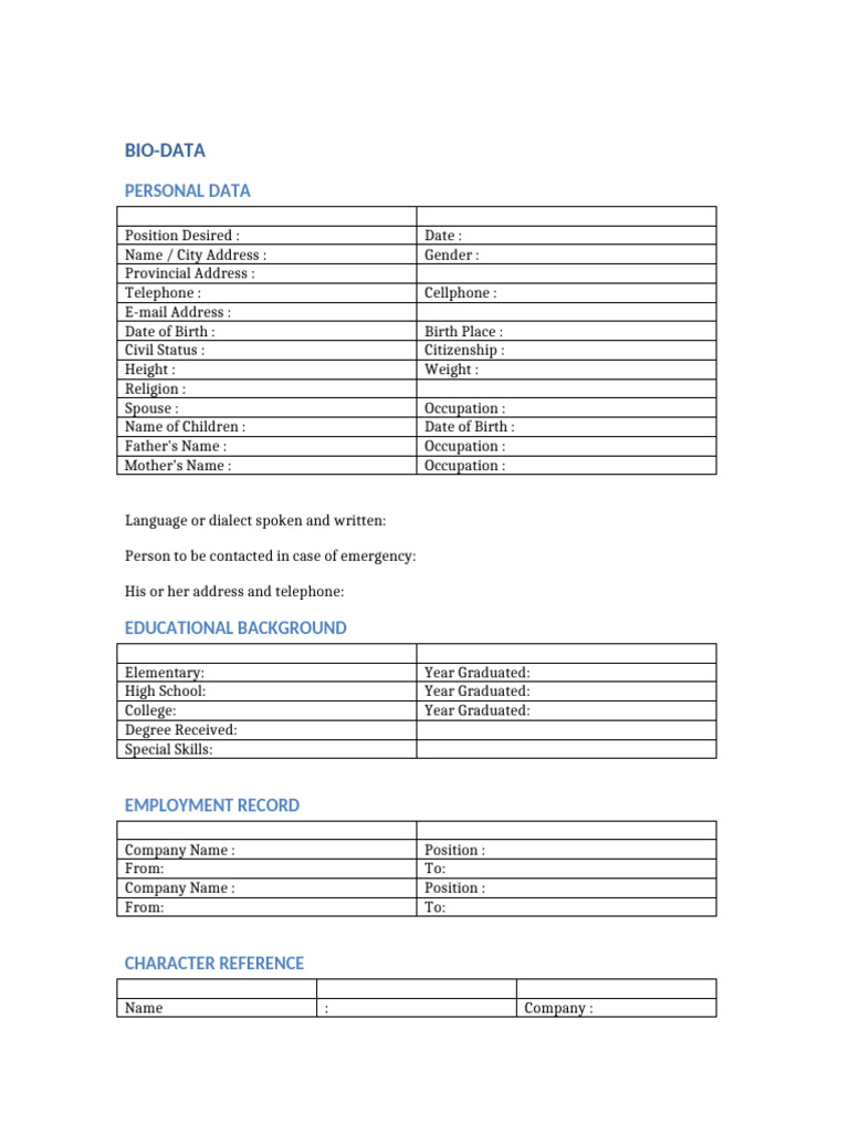 Comprehensive Bio-Data Template | PDF