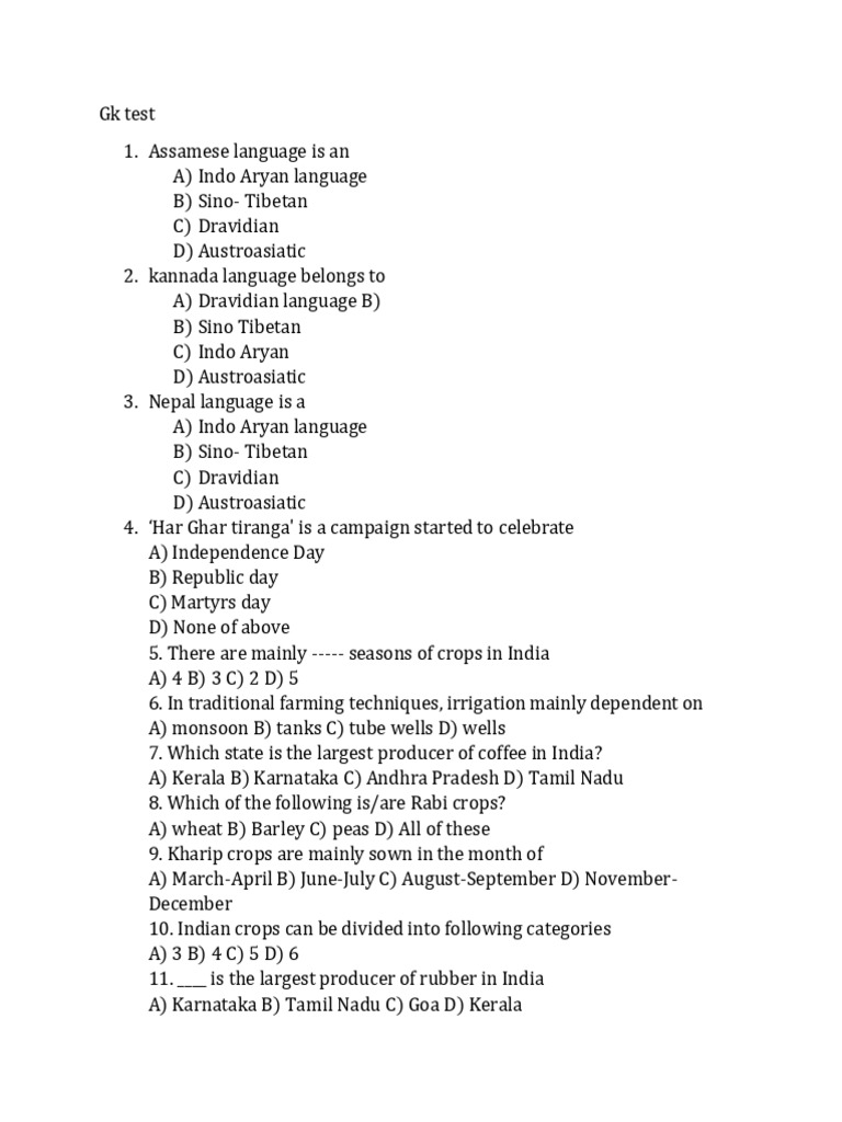 General Knowledge Quiz on Languages and Agriculture | PDF