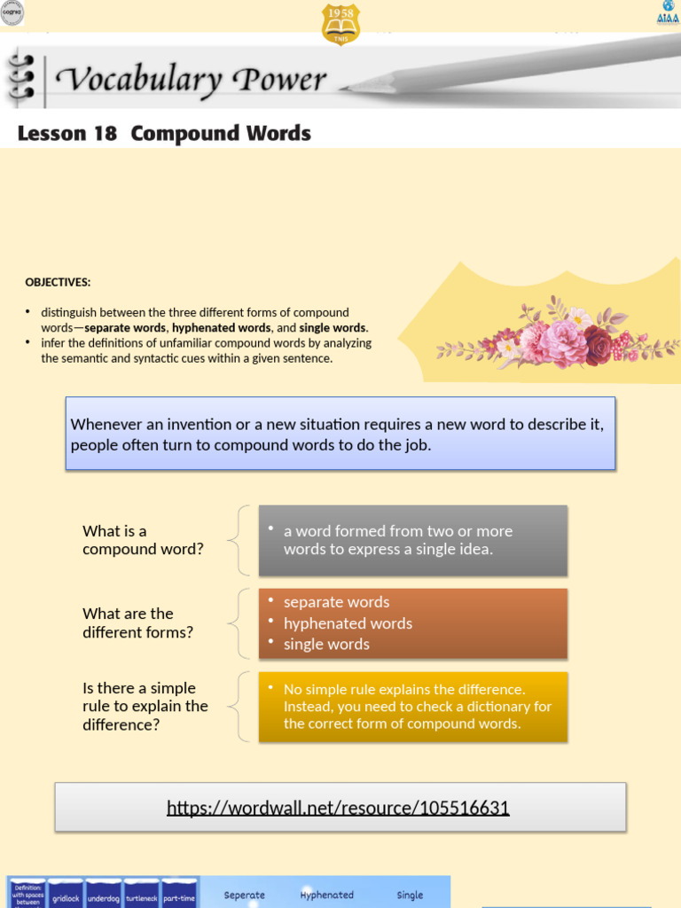 Week 1 Gr.8 Vocabulary Lesson 18 Compound Words | PDF