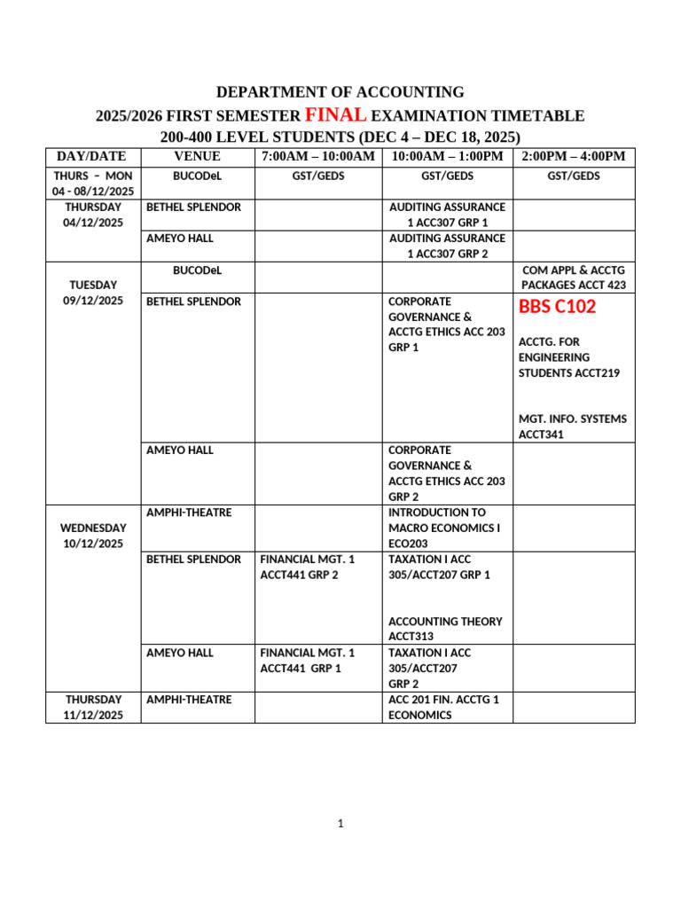 2025/2026 Accounting Exam Timetable | PDF | Business | Business Economics
