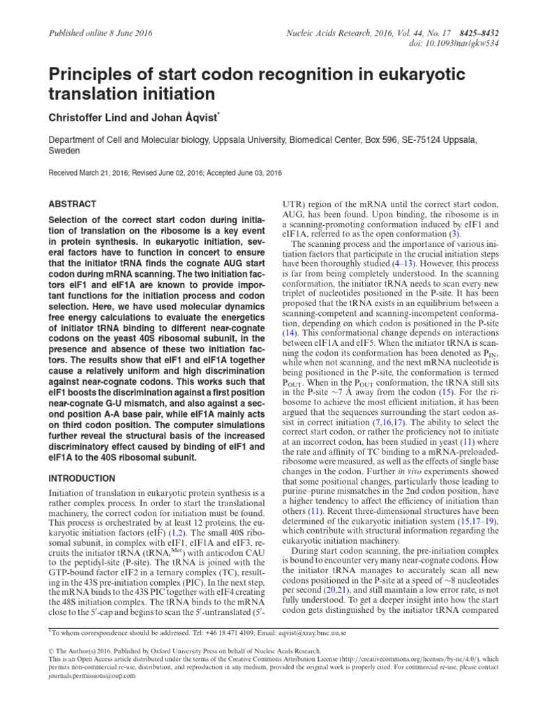 Principles of Start Codon Recognition in Eukaryoti | PDF | Translation ...