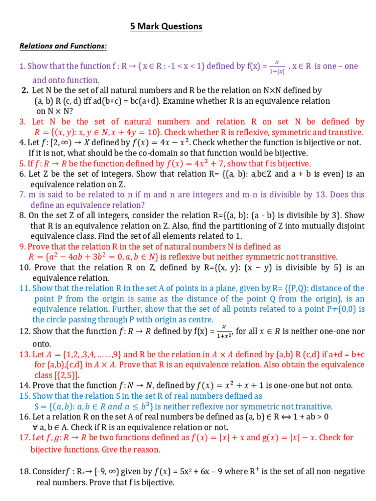 5 Mark Questions on Functions and Relations | PDF | Mathematics ...