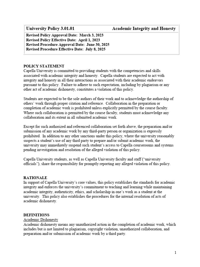 Capella University Academic Integrity Policy | PDF | Plagiarism ...