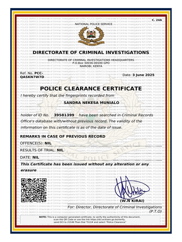 Pcc-qaskn7w7d-Police Clearance Certificate WK | PDF