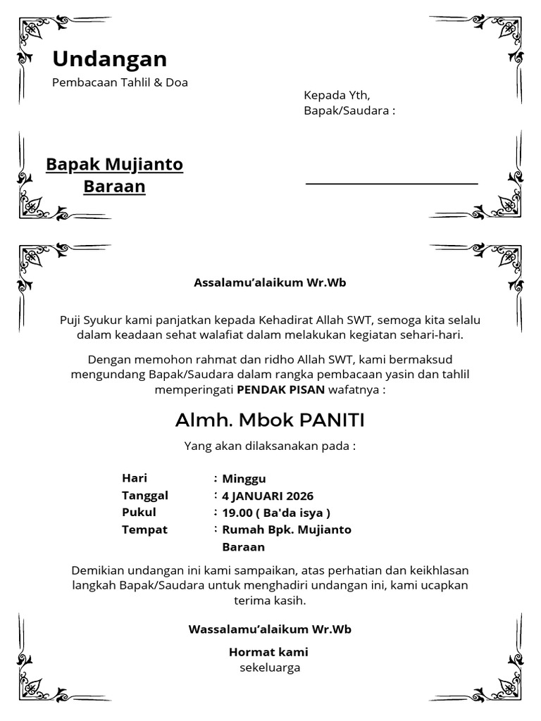 Undangan Tahlil untuk Almh. Mbok Paniti | PDF