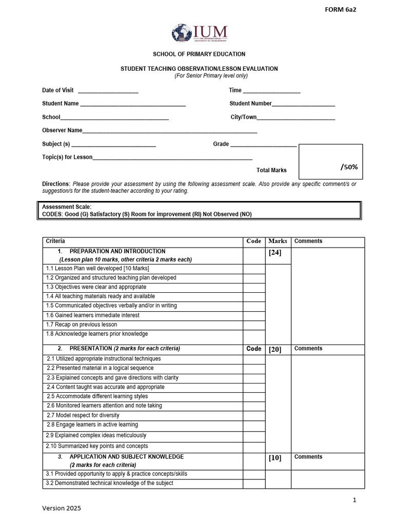 Student Teaching Observation Form | PDF | Learning | Nonverbal ...