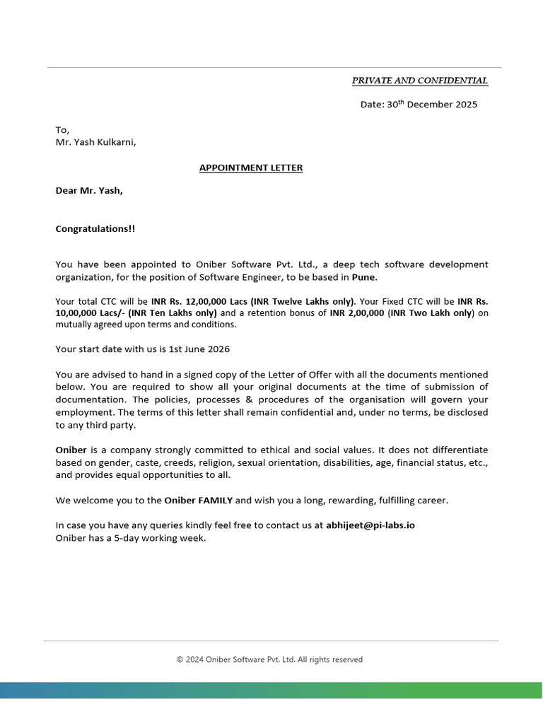 Oniber Software Appointment Letter | PDF