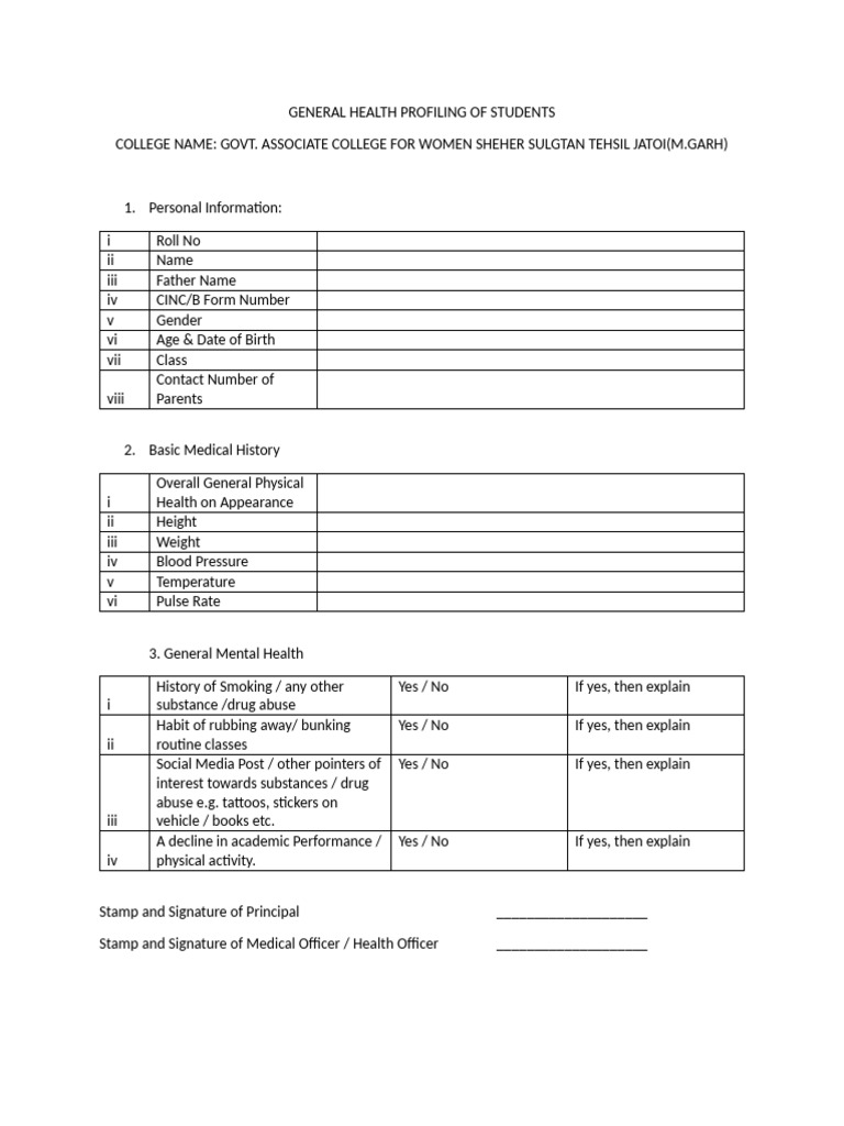 Student Health Profile Overview | PDF