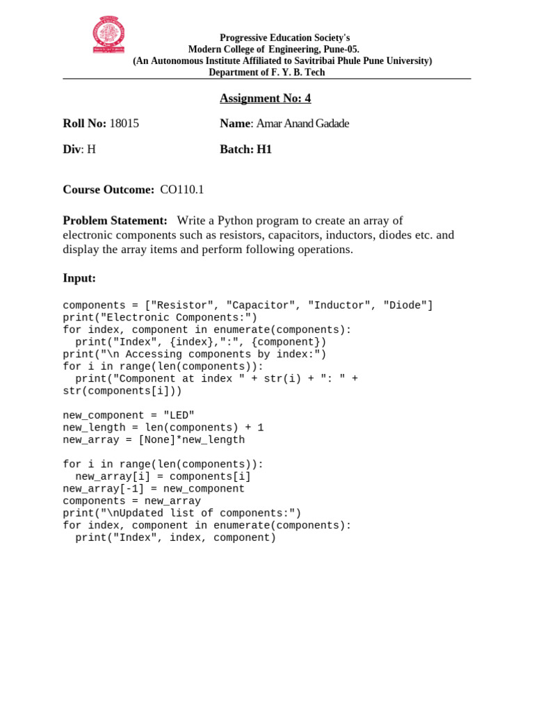 Python Program for Electronic Components Array | PDF