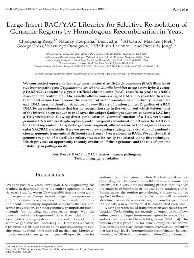 BAC/YAC Libraries for Gene Isolation | PDF | Molecular Cloning | Vector ...