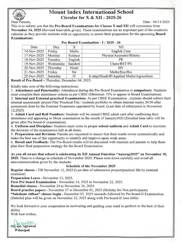 Circular For X & XII Pre-Board Exam 2025-26 | PDF