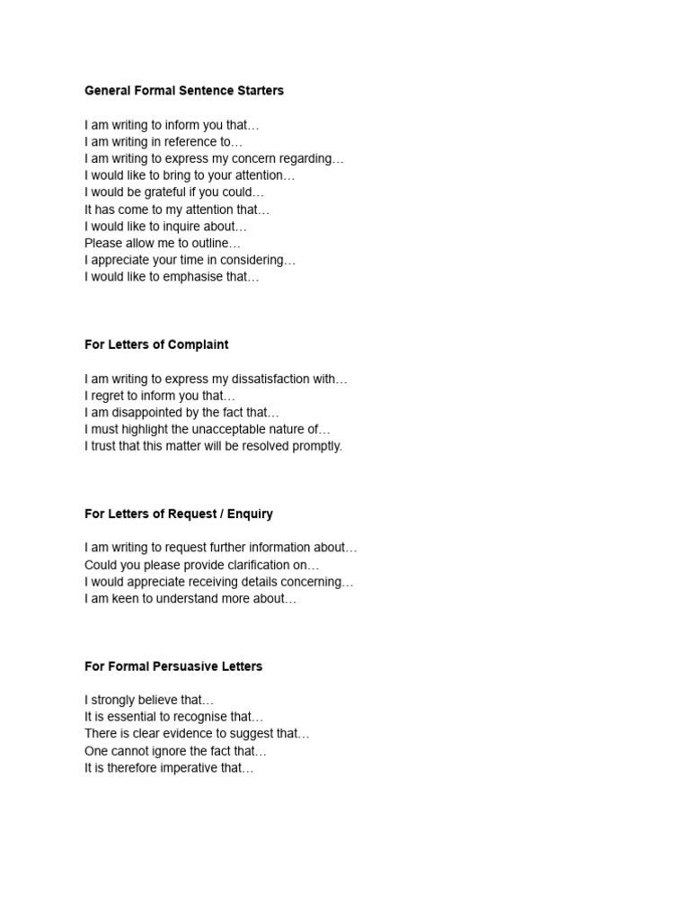 General Formal Sentence Starters | PDF