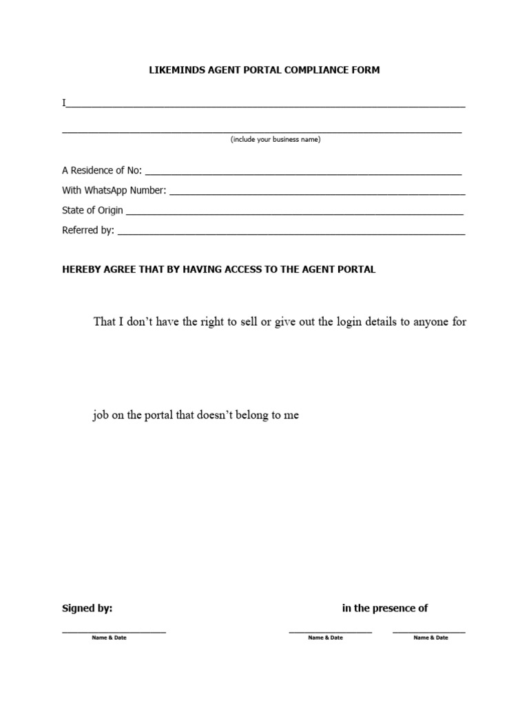 Likeminds Agent Compliance Form | PDF | Justice | Crime & Violence