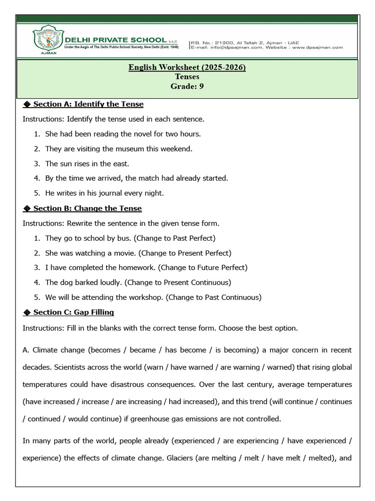 Tense Identification and Transformation Worksheet | PDF | Climate ...