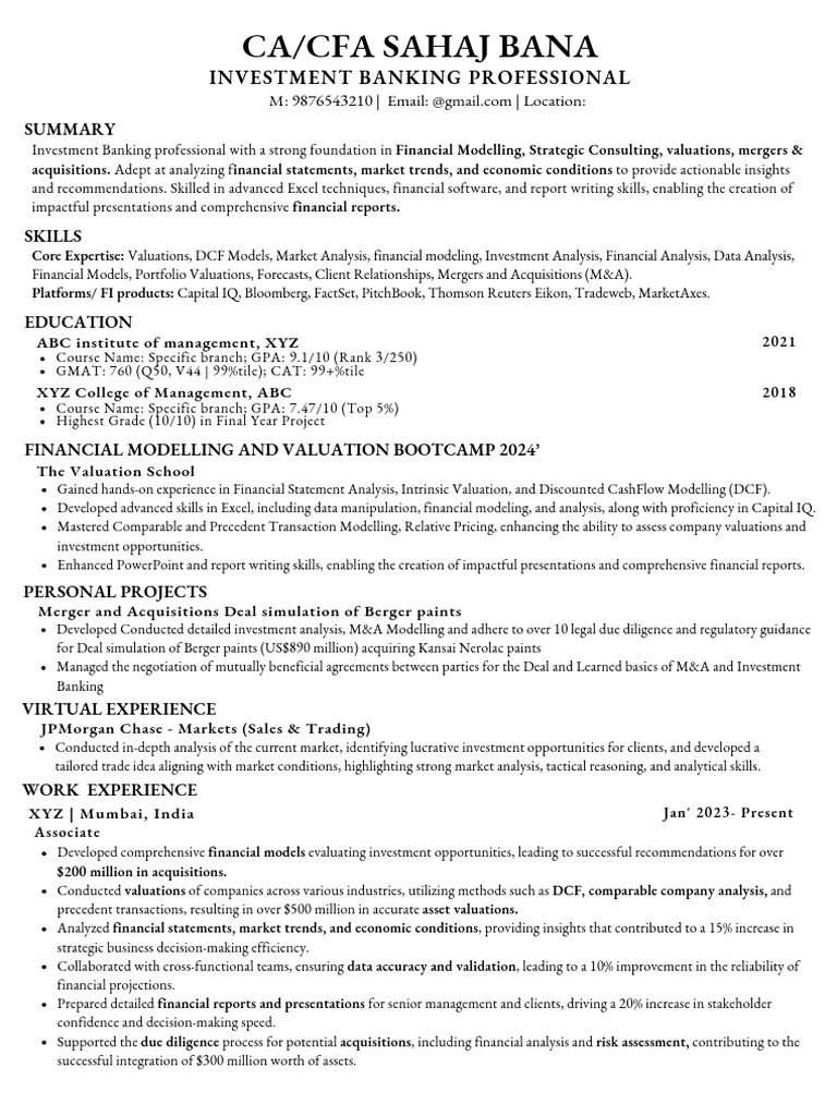 Investment Banking Professional Profile | PDF | Mergers And ...