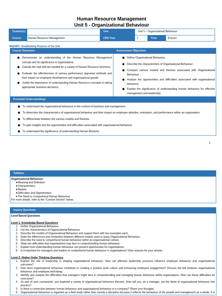 HRM Unit Plan-5 - Organizational Behaviour | PDF | Organizational ...