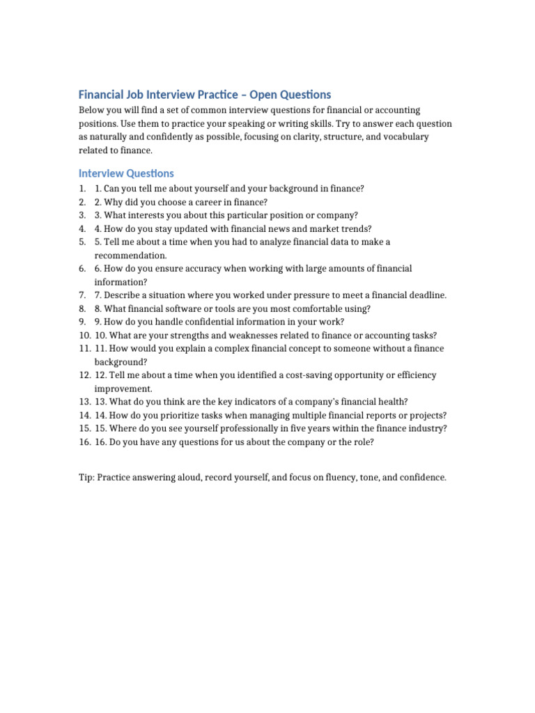 Financial Job Interview Practice Open Questions | PDF