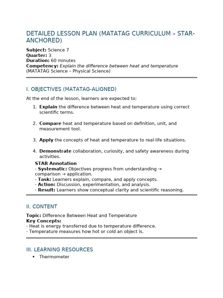 Heat vs Temperature Lesson Plan | PDF | Learning | Heat