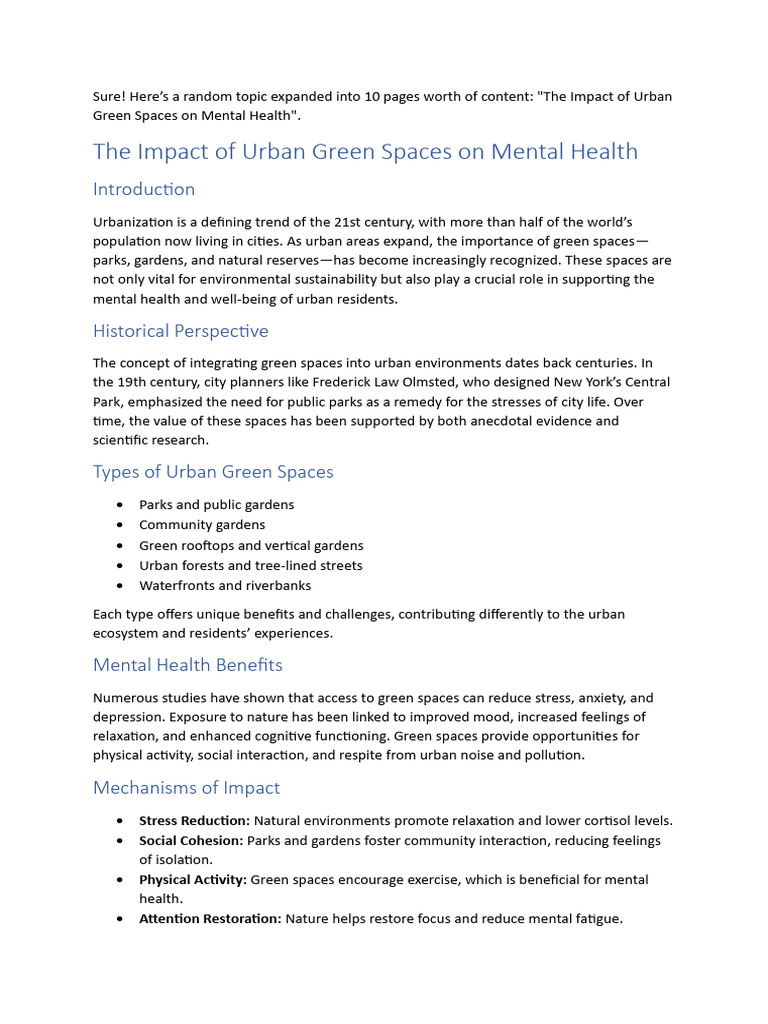 Urban Green Spaces & Mental Health Benefits | PDF