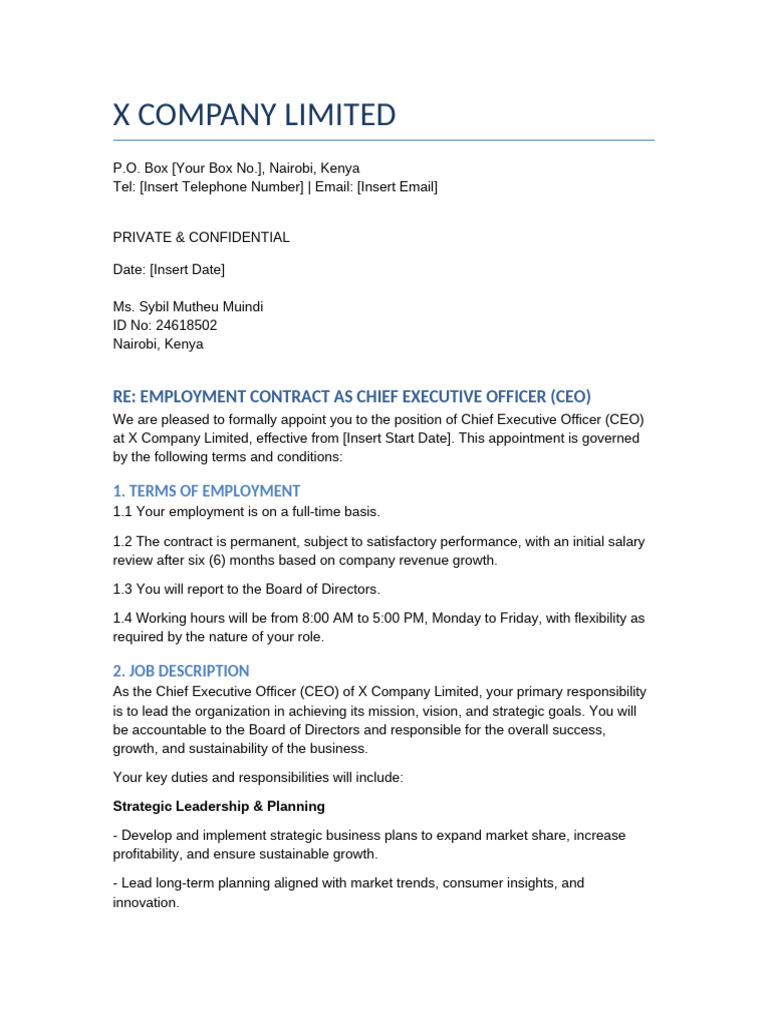 CEO Employment Contract for X Company | PDF | Employment | Regulatory ...