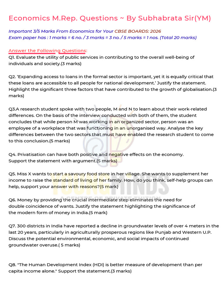 Key Economics Questions for CBSE Boards 2026 | PDF | Unemployment ...