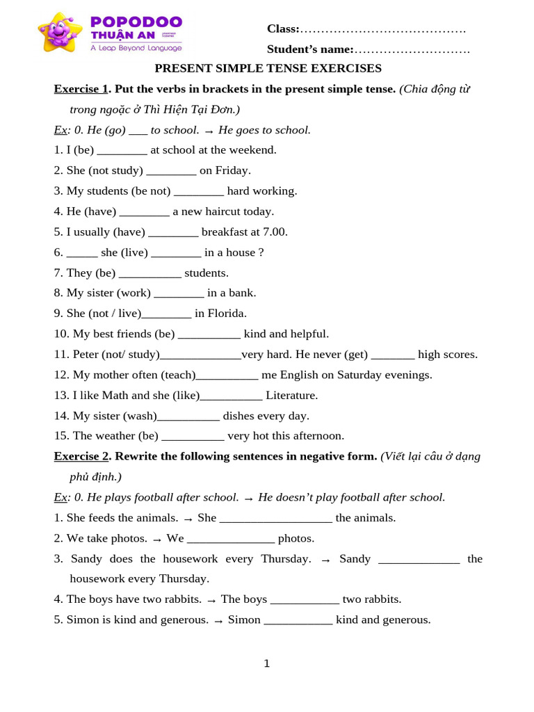 Present Simple Tense Exercises | PDF | Linguistics
