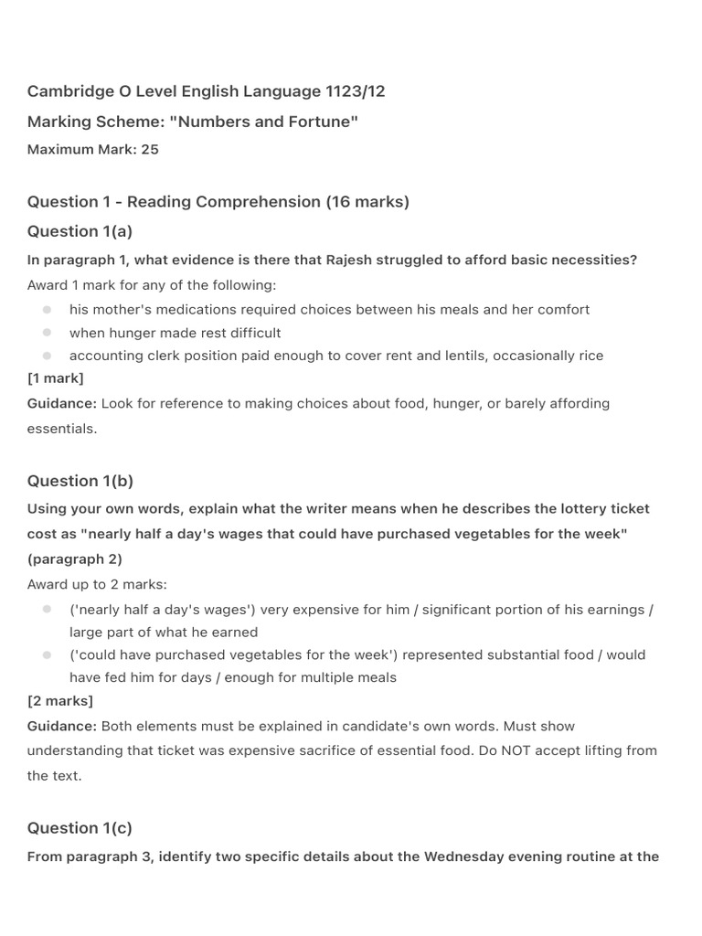 Cambridge O Level English Language 1123/12 Marking Scheme | PDF ...
