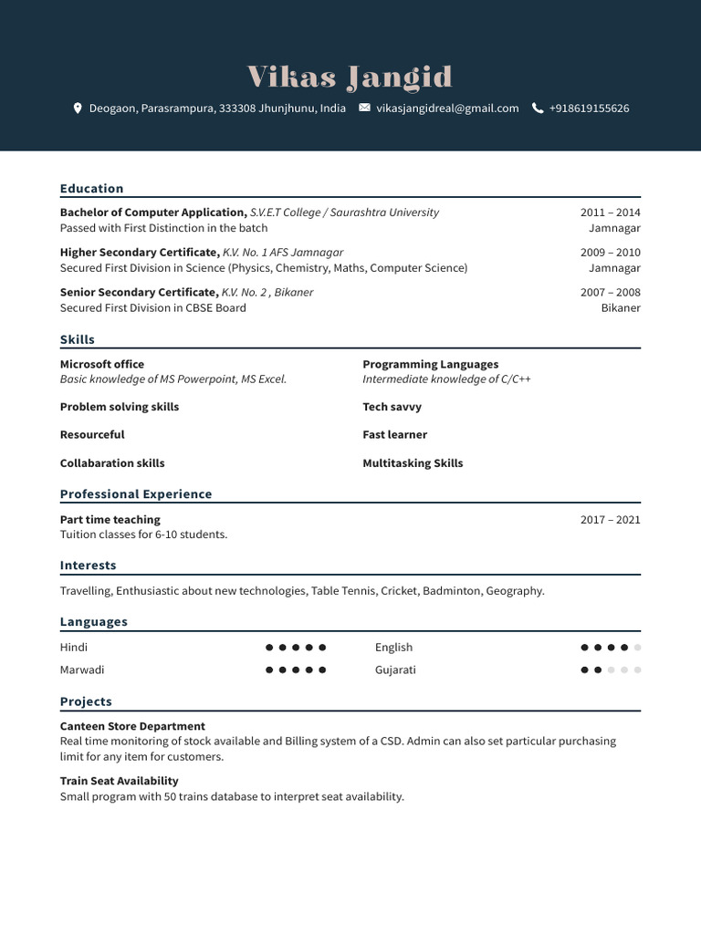 Vikas Jangid: Computer Science Graduate Resume | PDF