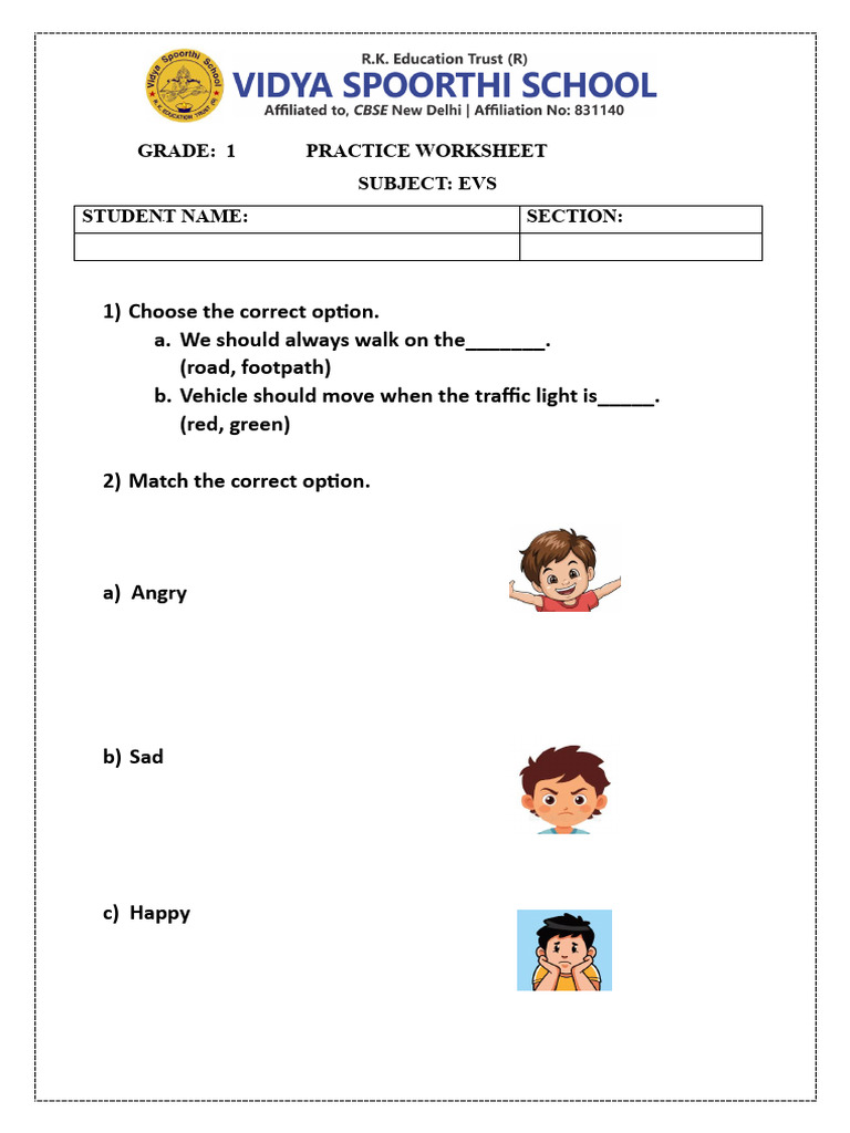 Grade 1 EVS Practice Worksheet | PDF