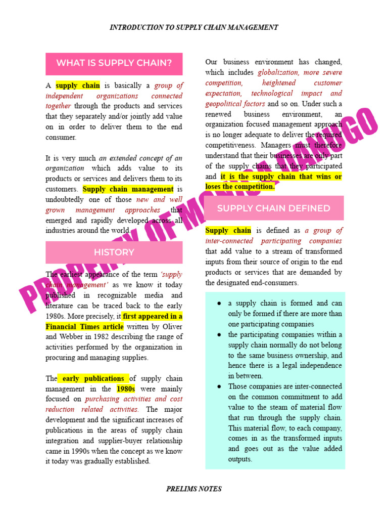 Supply Chain Notes Prelims | PDF | Supply Chain | Supply Chain Management