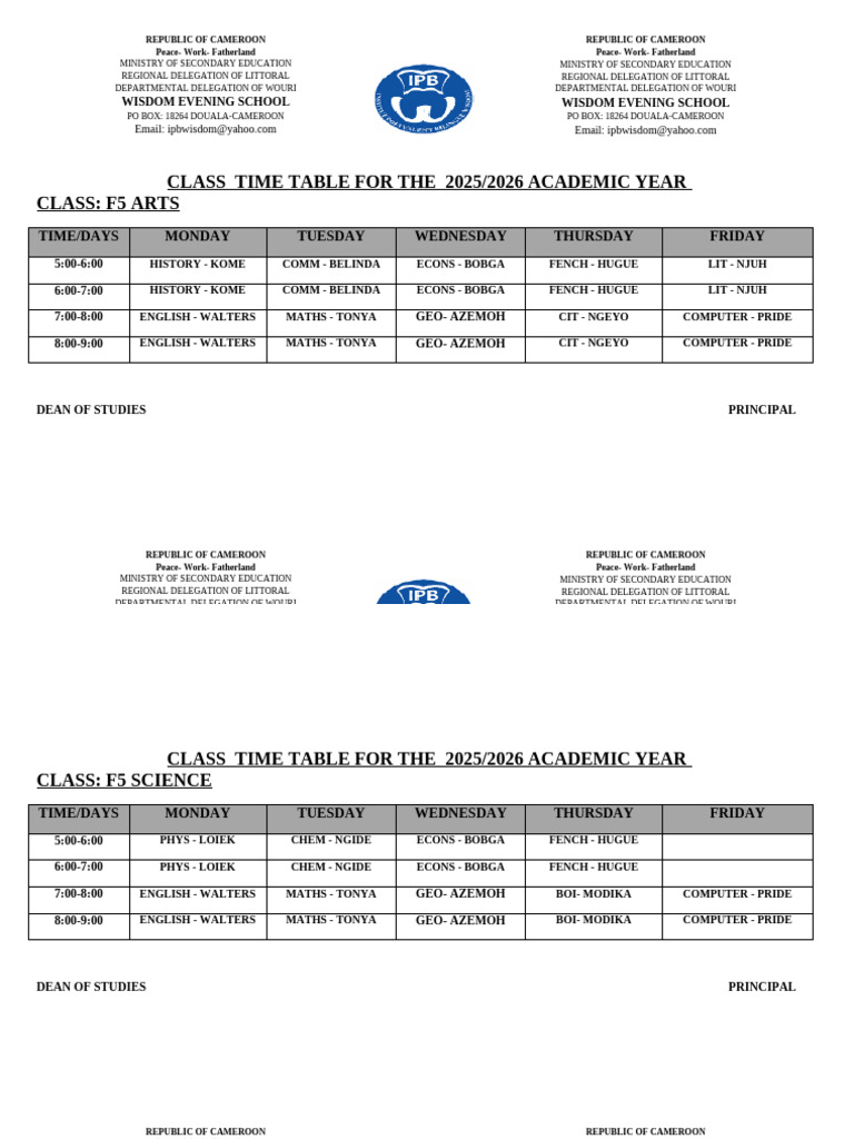 2025/2026 Academic Year Class Timetable | PDF | Educational Stages ...