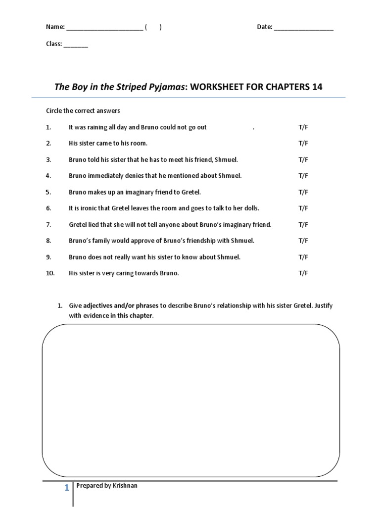 The Boy in The Striped Pyjamas WORKSHEET FOR CHAPTERS 14 PDF