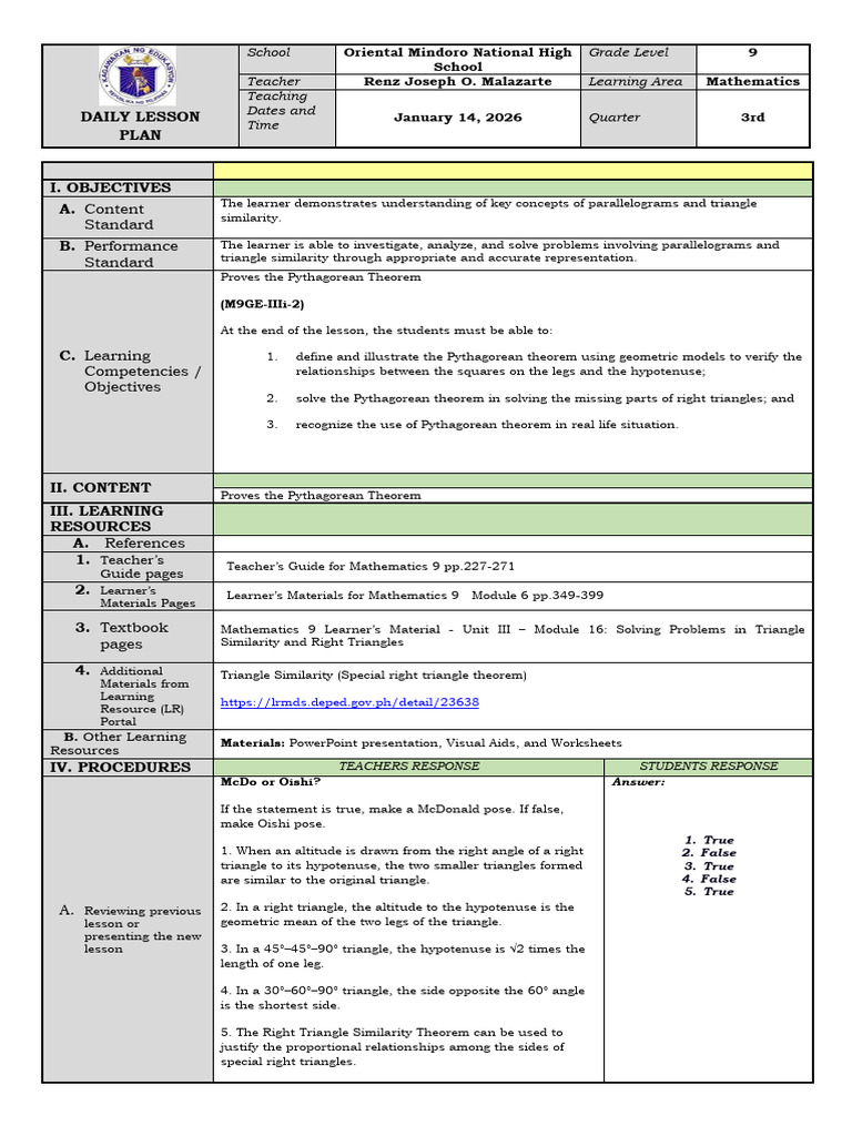 Pythagorean Theorem Lesson Plan | PDF | Elementary Geometry | Mathematics