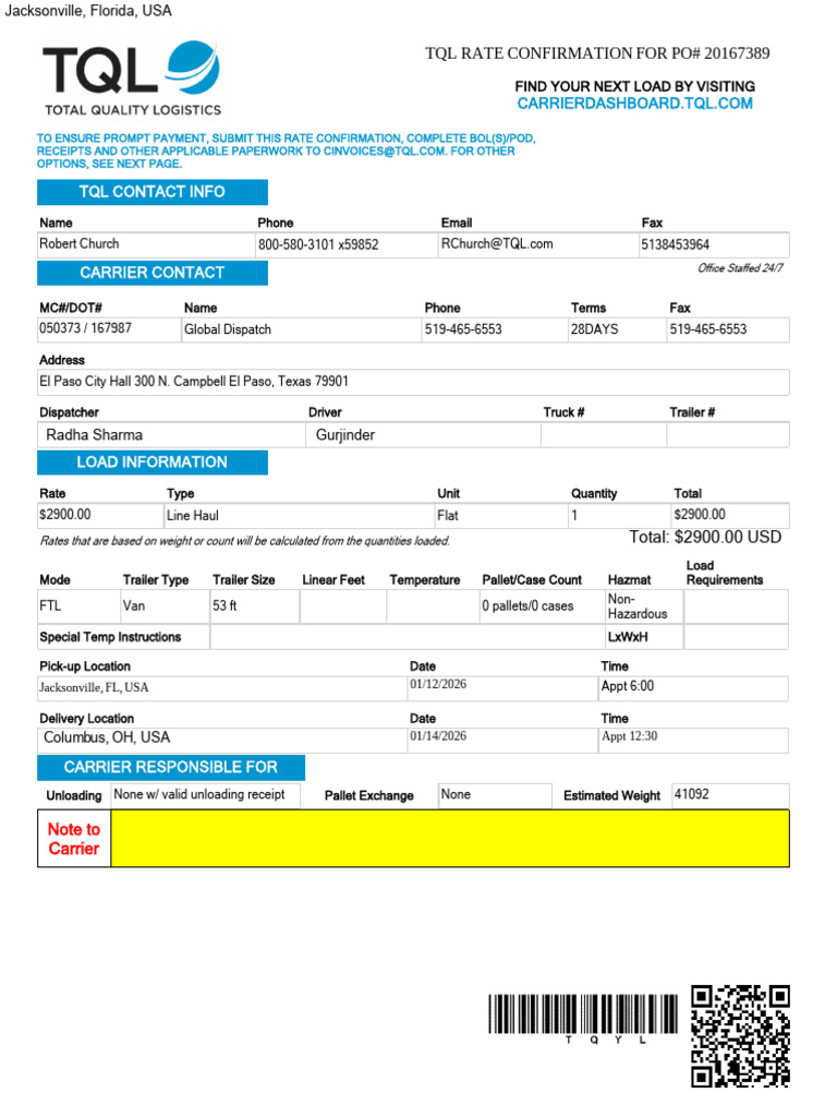 TQL Rate Confirmation Document | PDF | Employment