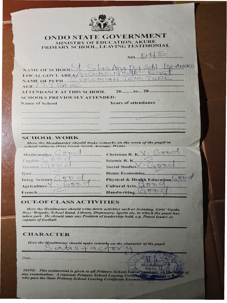 Ondo State Primary School Testimonial | PDF