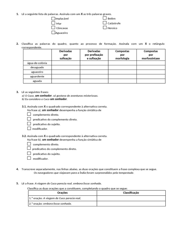 Exercícios de Língua Portuguesa e Sintaxe | PDF | Linguística ...