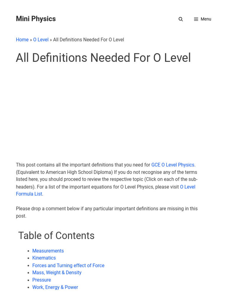 O Level Physics Essential Definitions | PDF | Force | Waves