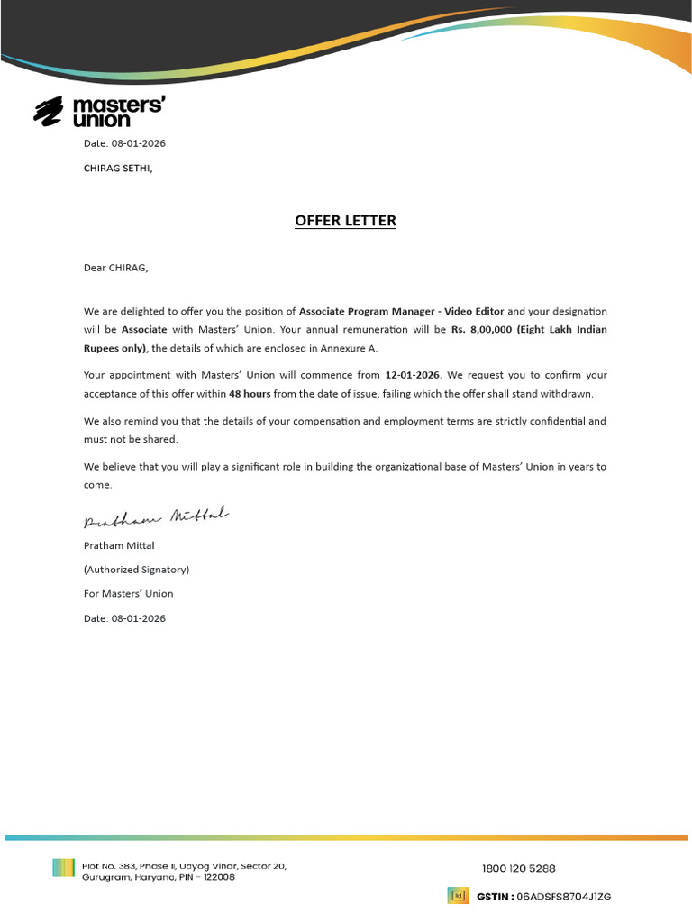 Associate Program Manager Offer Letter | PDF | Payments | Taxation