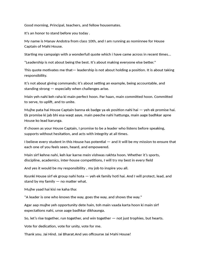 Manav Andotra's Mahi House Captain Speech | PDF