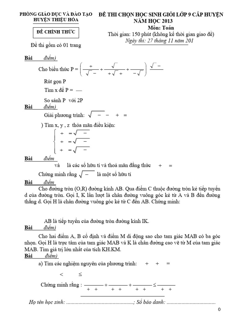 De Va Dap an Hsg Mon Toan 9 Huyen Thieu Hoa Nam Hoc 2013 2014 | PDF