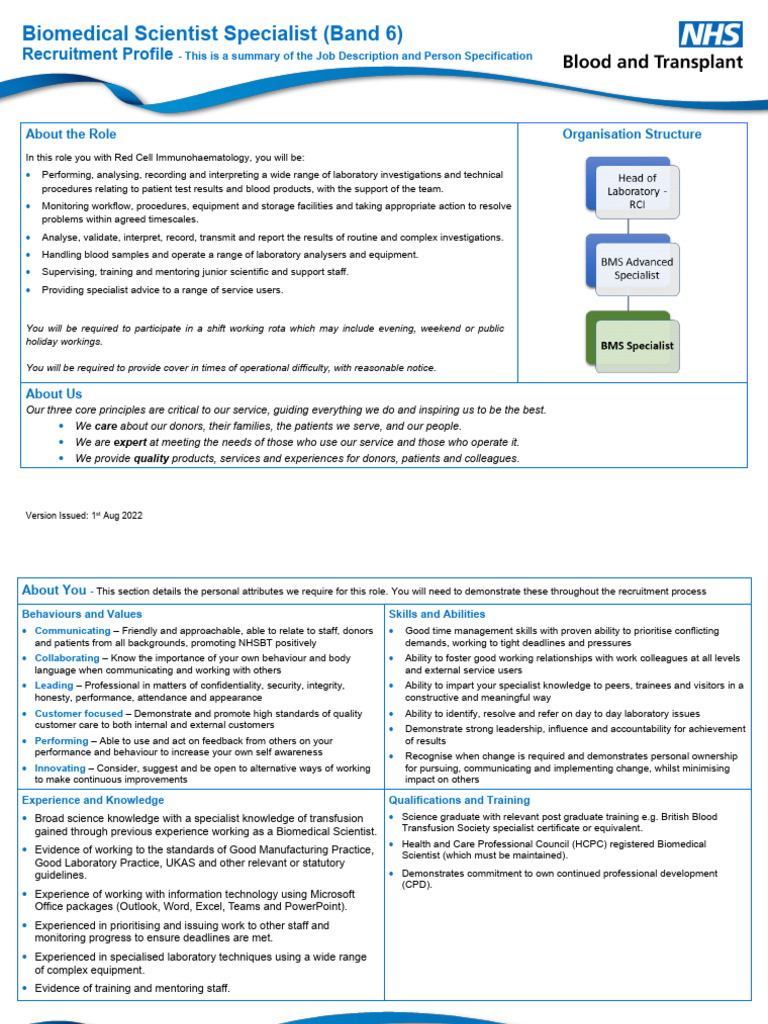 Biomedical Scientist Specialist Role | PDF