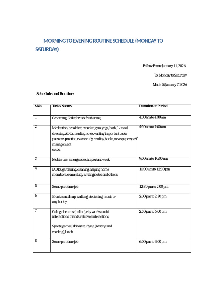 Daily Routine Schedule: Monday to Saturday | PDF