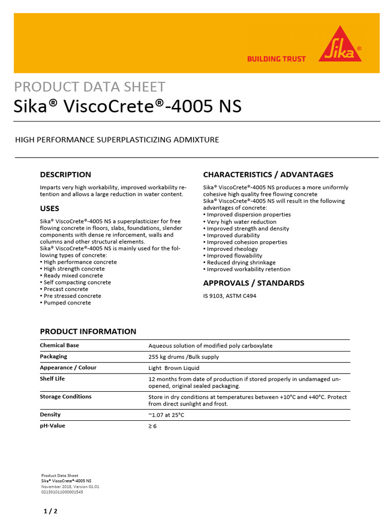 Sika ViscoCrete 4005 NS Data Sheet | PDF | Concrete | Materials