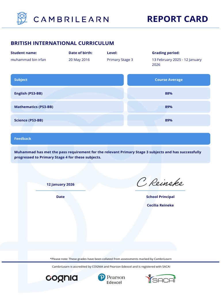 Report Card: British International Curriculum | PDF