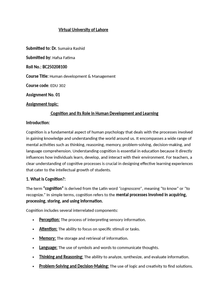 Assignment No.1 Roll No. BC250208100 | PDF | Cognition | Learning