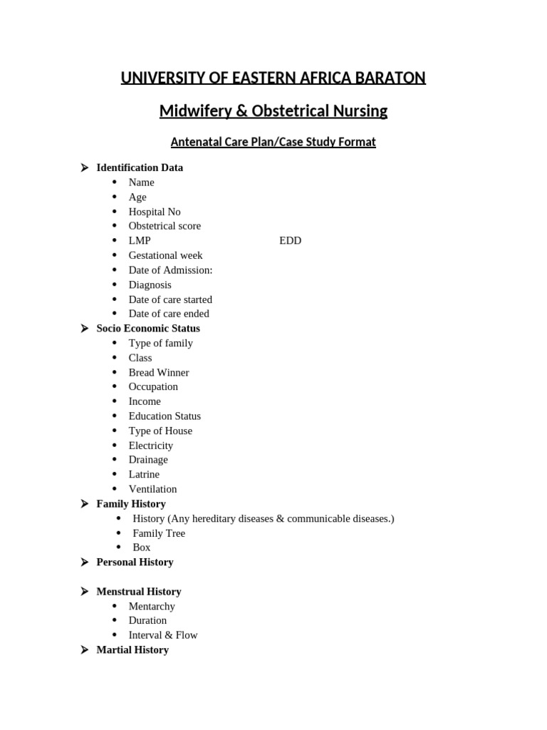Antenatal Care Plan Case Study Format | PDF | Pregnancy | Obstetrics