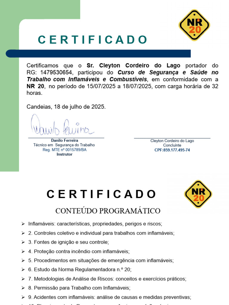 Certificado de Curso NR20: Segurança com Inflamáveis | PDF
